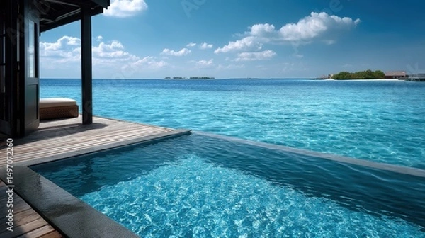 Fototapeta Peaceful and pristine, the sea outside a Maldives villa shimmers under soft daylight, tiny islands drift on the horizon.