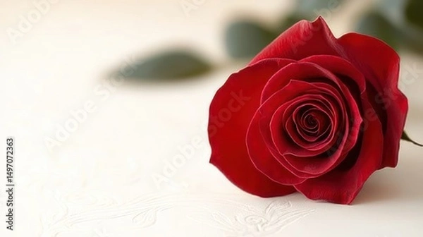 Fototapeta A single red rose rests on a white textured surface