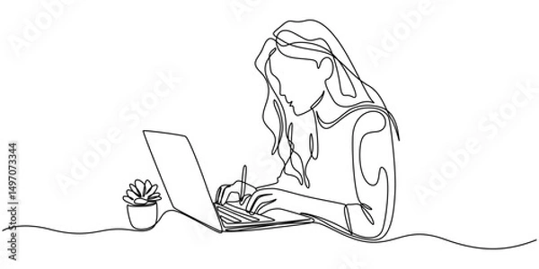 Fototapeta One line woman writing and study with help laptop. E-learning concept, young woman using laptop computer continuous line drawing vector illustration, One continuous line drawing on a white isolated.