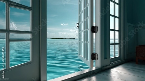 Fototapeta Photoreal Maldives escape: calm turquoise sea seen from a villa, small islands add depth to a peaceful cinematic moment.