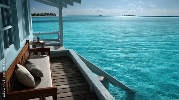 Fototapeta Photorealistic sea view from a Maldives villa: still, crystal water and faraway islands create a sense of calm and intimacy.