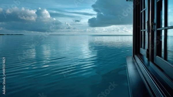 Fototapeta Sea like glass outside a Maldives villa. Clear, calm waters and faint outlines of islands form a romantic, cinematic view.