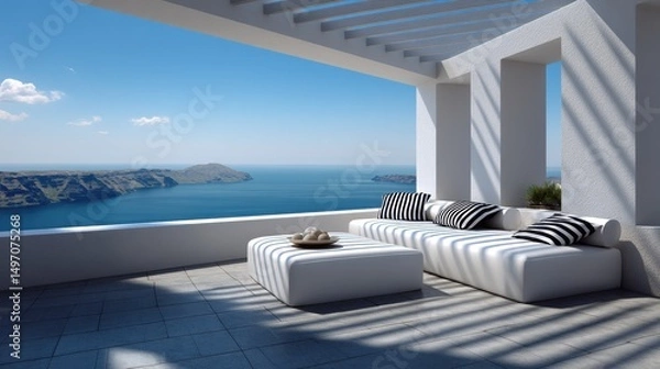 Fototapeta Shaded Santorini-style terrace with modern lines, minimalist decor, crisp shadows, sea horizon kissed by islands and light.