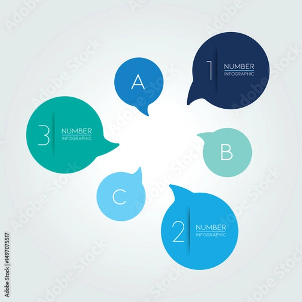 Fototapeta Circle infographic template. Round net diagram, graph, presentation, chart. Connected concept with 4 bubbles, options, steps, parts, text fields, processes. Blue vector design.