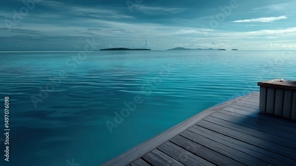 Fototapeta Soft blue tones and calm sea from a Maldives villa. Distant islands in hazy light create a dreamy romantic vista.