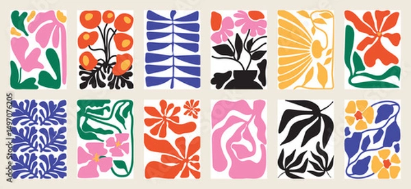 Fototapeta Botanical doodle background art vector set. Flower and leaves abstract shape doodle art design for print, wallpaper, clipart, wall art for home decoration.