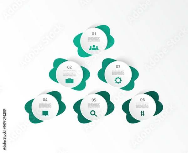 Fototapeta Creative infographic template with 6 steps, options, parts or processes. Presentation of teamwork or business processes.