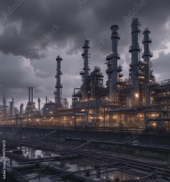 Obraz Massive oil refinery complex under a brooding sky ,  industrial area,  scene