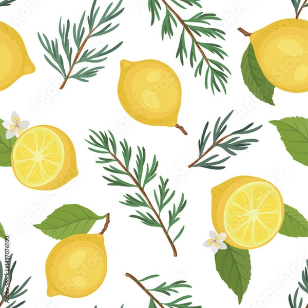 Obraz A seamless vector pattern featuring fresh yellow lemons, green leaves, and rosemary sprigs on a white background