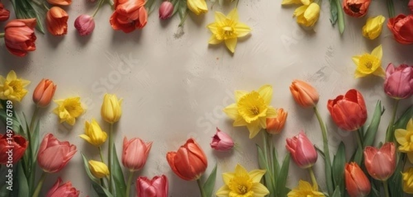 Obraz Vibrant tulips and daffodils burst forth on textured watercolor paper ,  photography,  red