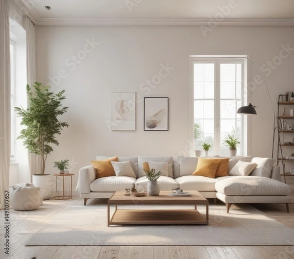 Obraz Bright, airy living room with minimalist furniture and d?cor , luxury, side table