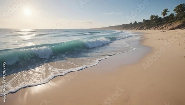 Obraz Gentle blue waves caress the sandy shore, creating a tranquil scene ,  sand,  shore