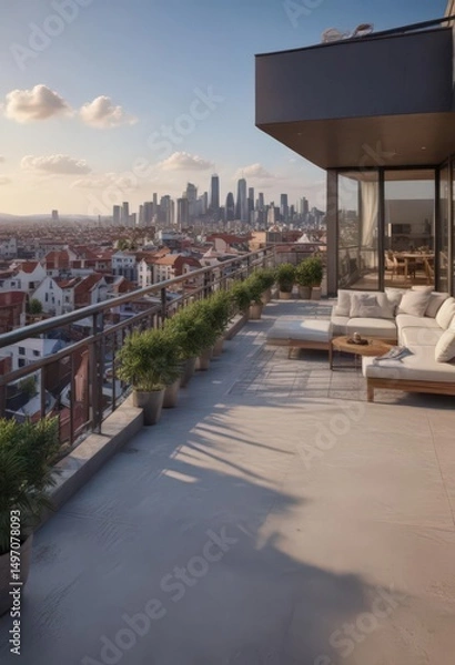 Obraz Luxury apartment, panoramic city view from rooftop terrace, amenities, architecture, urban