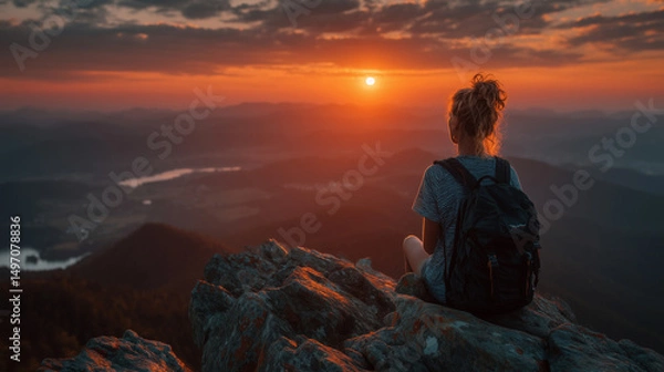 Obraz A girl with a backpack sits on top of a rocky cliff and watches the sunset. She has a panoramic view of the mountains and valleys.