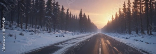 Obraz Asphalt road winds through snowy forest, sunrise & galactic spectacle ,  horizon,  image,  dusk