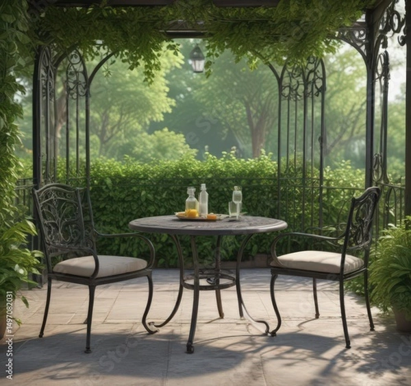 Obraz Wrought iron patio set, lush greenery backdrop,  beauty,  relaxation
