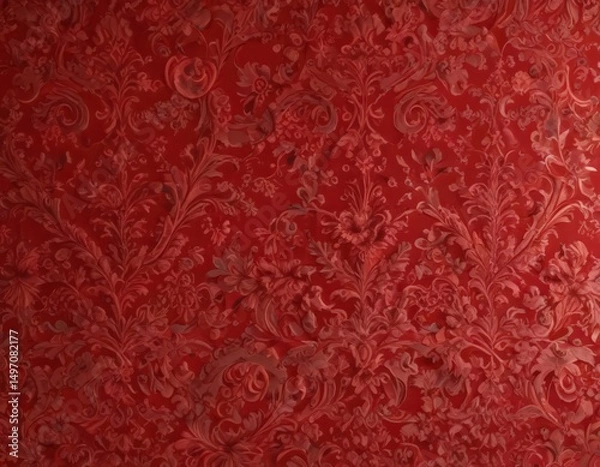 Obraz Luxurious red damask fabric, swirling floral details, opulent texture, rich, wallpaper