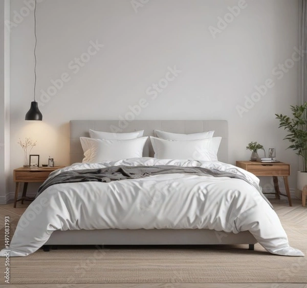 Obraz King-size bed, white linens, minimalist Scandinavian bedroom ,  airy,  bedding,  interior design