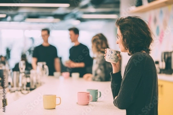 Fototapeta In a bright office kitchen with soft lighting Workers are chatting while sipping tea from colorful mugs The mood is calm and friendly