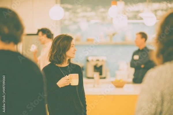 Fototapeta In a bright office kitchen with soft lighting Workers are chatting while sipping tea from colorful mugs The mood is calm and friendly