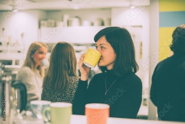 Fototapeta In a bright office kitchen with soft lighting Workers are chatting while sipping tea from colorful mugs The mood is calm and friendly