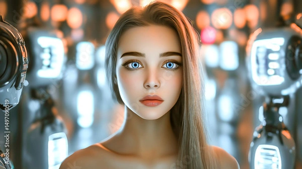 Fototapeta A woman interacts with artificial intelligence technology. The concept of AI integration, human-machine collaboration, and technological advancement. Generative AI.