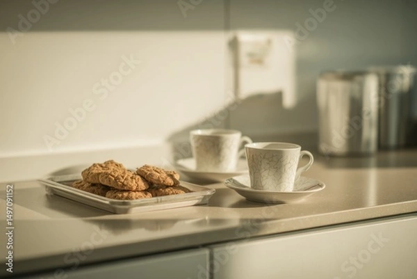 Fototapeta In a clean office kitchenette during a quick break Tea cups are placed on the counter next to a tray of cookies The mood is relaxed and simple