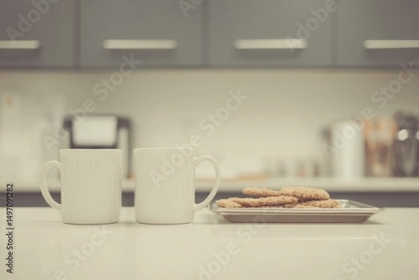 Fototapeta In a clean office kitchenette during a quick break Tea cups are placed on the counter next to a tray of cookies The mood is relaxed and simple