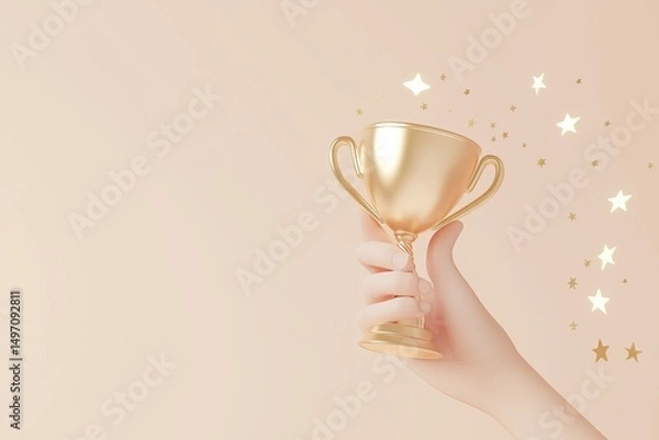 Fototapeta 3d minimalistic winner's trophy.  Champion shiny gold cup, winner's award. 3d rendering illustration.