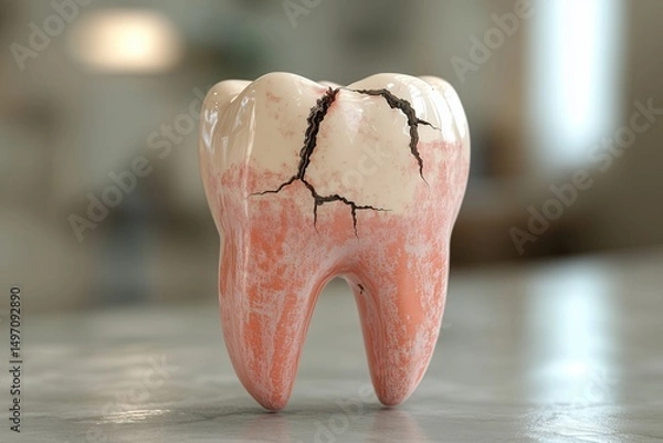 Fototapeta 3D model of a single tooth with cracks and damage on a white background