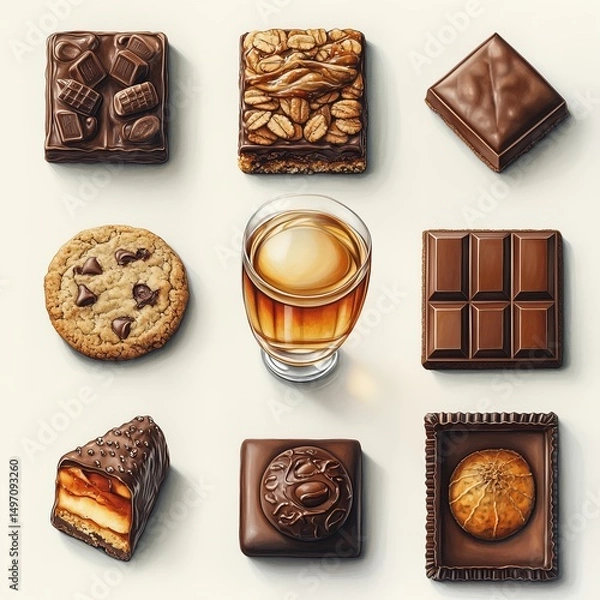 Fototapeta Illustrations of various desserts, cakes and cookies on a clean white background, minimalistic style, isolated objects on a white background