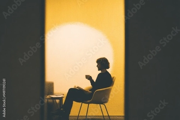 Fototapeta In a cozy office nook with soft lighting A worker is sitting alone, sipping tea and reading through a report The mood is quiet and thoughtful