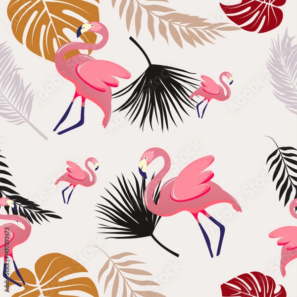Obraz seamless pattern with birds and flowers Tropical flamingos and palm leaves on a light background — a playful summer vibe.