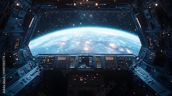 Fototapeta Spaceship cockpit view of Earth from orbit, showing a detailed control panel and a vast, star-filled space beyond the curved planet