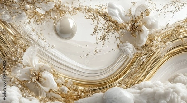 Fototapeta Abstract artwork featuring swirling gold and white liquid forms, interspersed with pearl-like spheres and stylized blossoms