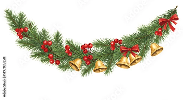 Obraz Festive Christmas Garland with Golden Bells Red Bows and Berries