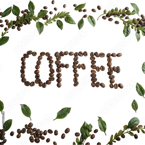 Obraz Coffee beans artfully form the word coffee surrounded by fresh green leaves showcasing a creative blend of nature and beverage on a white backdrop