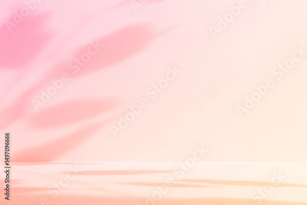 Fototapeta Abstract pink color gradient studio background for product presentation. Empty room with shadows of flowers and plant leaves. 3d orange room with copy space. Summer concept. Blurred backdrop