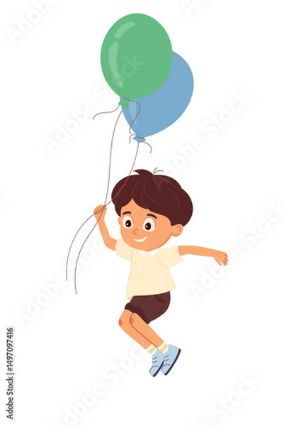 Fototapeta Happy little boy flying on balloons Cheerful child character playing with ballon Cartoon design element for kids celebration design, greeting cards, poster, flyer party Vector illustration