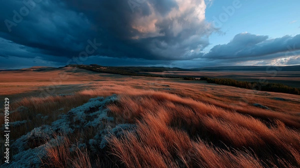 Obraz Storm clouds loom over prairie as golden light pierces through, nature's dramatic contrast unfolds