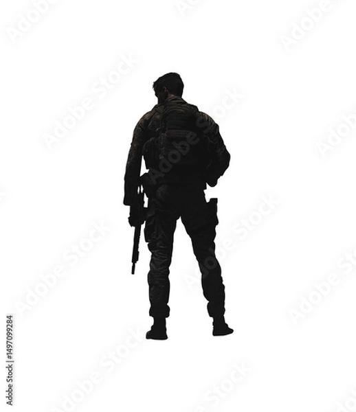 Fototapeta Armed Soldier in Tactical Gear Silhouette View - Transparent background PNG