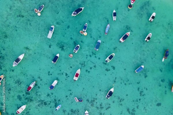 Obraz Aerial top view of Sailing and fish boats on turquoise clear tropical water of "trou aux biches" beach, Mauritus island, indian Ocean