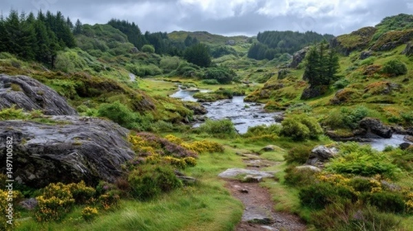 Fototapeta Winding trail through Ireland raw terrain showing Connemara unique natural beauty..