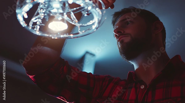 Fototapeta Man Installing a Chandelier