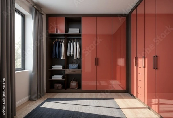 Fototapeta Modern bedroom featuring sleek coral colored glossy wardrobes with natural light