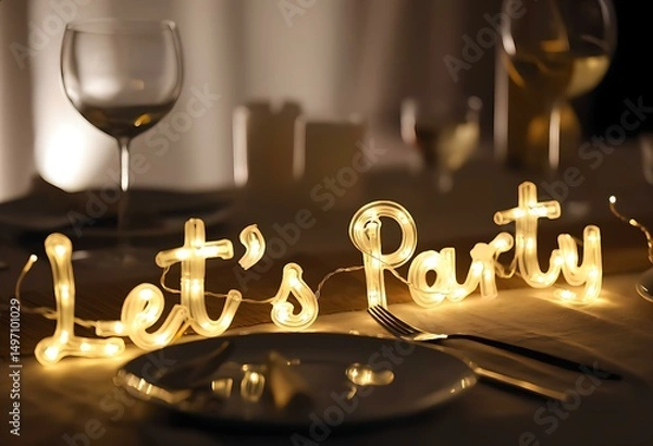 Fototapeta Illuminated Marquee Sign with "Let's Party", Festive dinner table