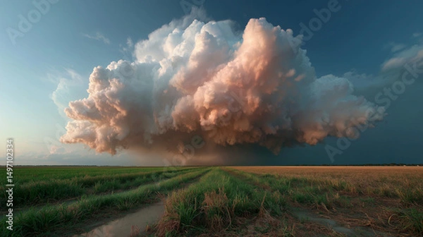 Obraz Storm clouds loom over prairie as golden light pierces through, nature's dramatic contrast unfolds