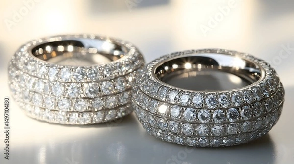 Fototapeta Two opulent diamond eternity bands, showcasing brilliant-cut stones set in a smooth, high-polished metal.  Reflective surface highlights sparkle