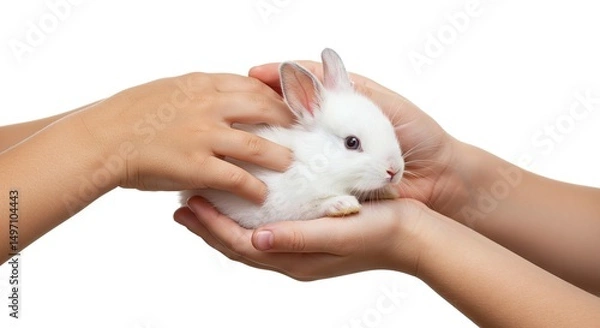Fototapeta Holding Small White Rabbit Gently in Hands on Isolated Background