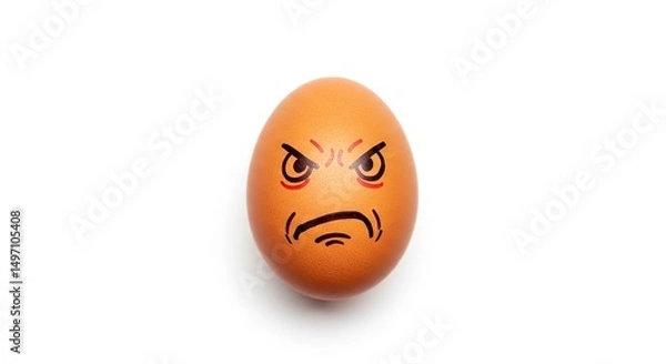Fototapeta Angry Egg on White Background with Drawn Face Expressing Frustration